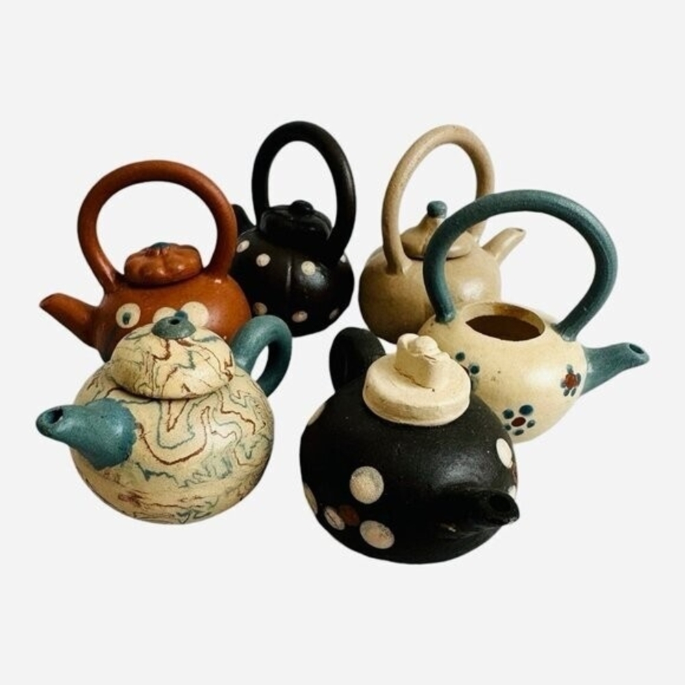 Lot 6 Vintage Chinese Yixing Ceramic Mini Teapots 1.5" Collectible Set Unique